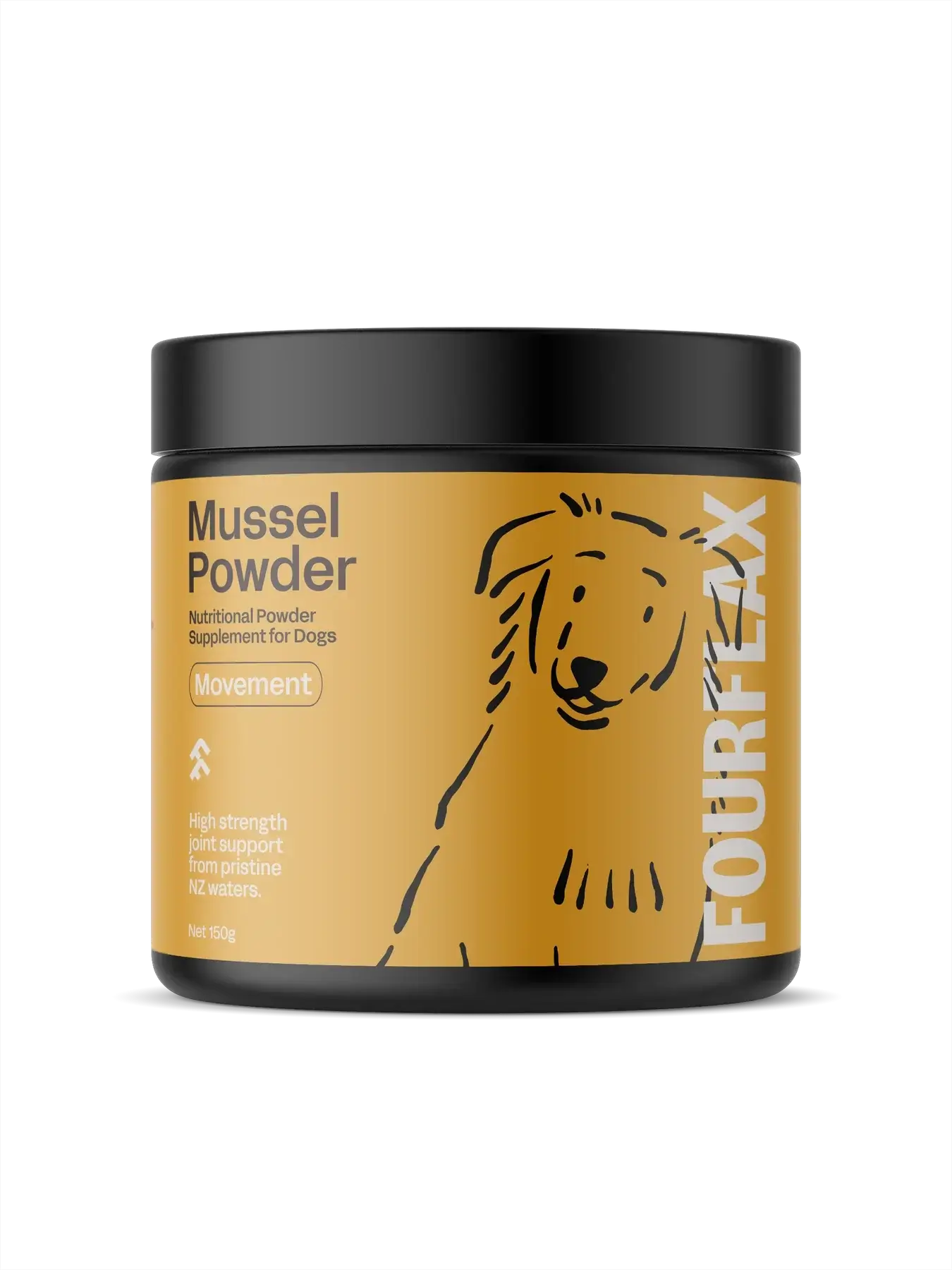 FourflaxMussel Powder supplement jar for dogs on a white background