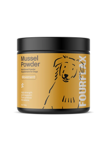FourflaxMussel Powder supplement jar for dogs on a white background