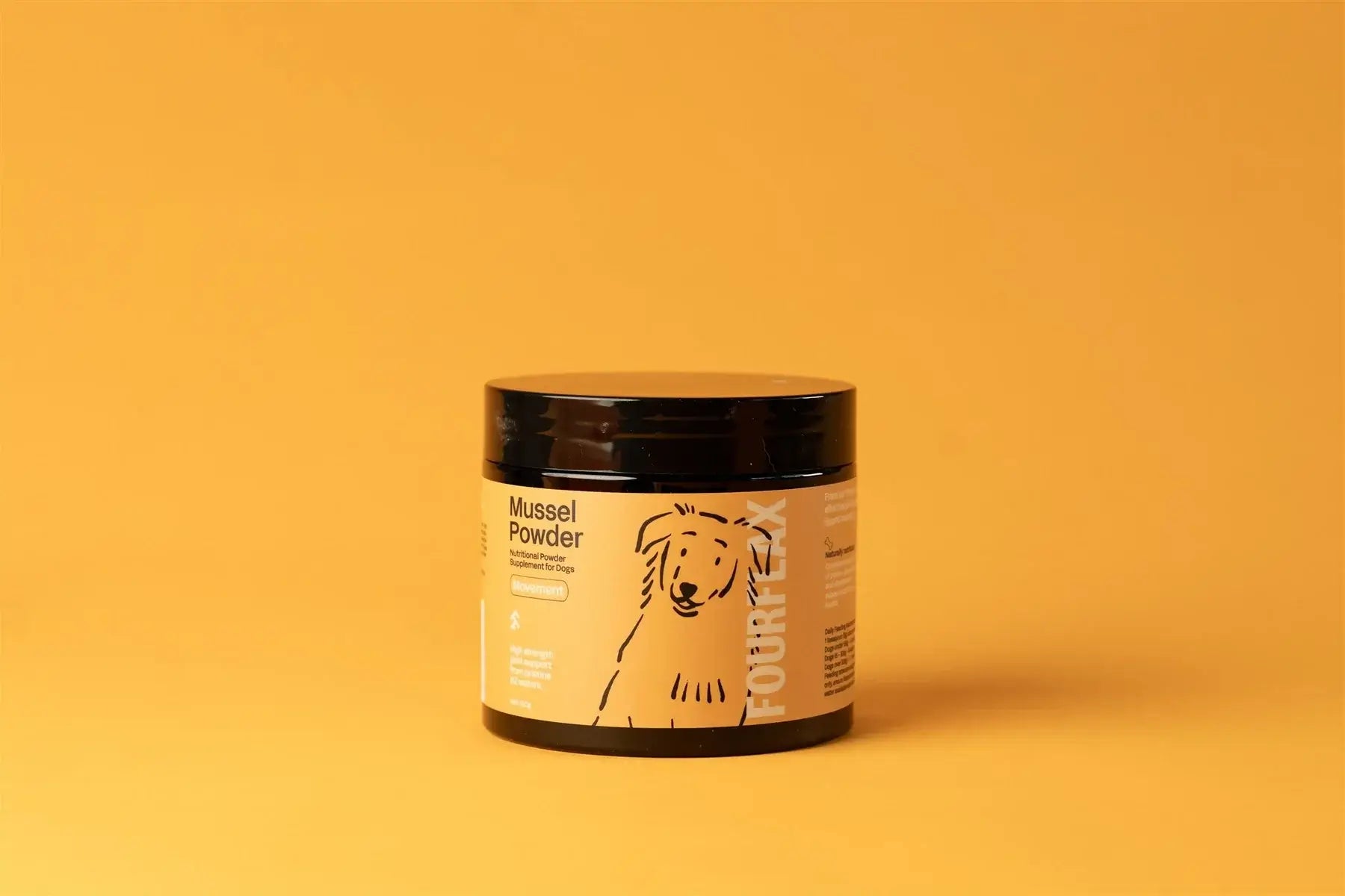 Jar of mussel powder with a label on an orange background