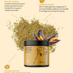 Fourflax mussel powder container with text on a beige background