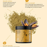 Fourflax mussel powder container with text on a beige background