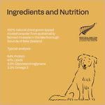 Dog supplement label with ingredients and nutrition information on a yellow background