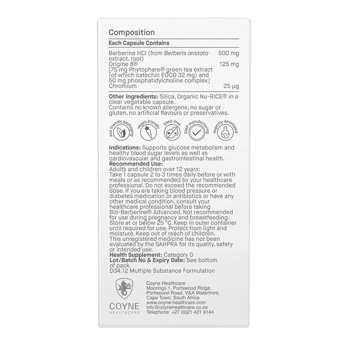Bio-Berberine Complex 500mg 60 Caps supplement information and ingredients label for nutritional support.