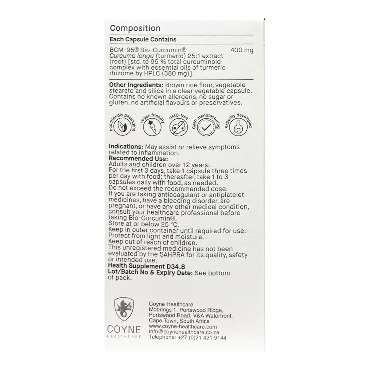 Bio-Curcumin 400mg 30 Caps ingredients and dosage information on the product label.