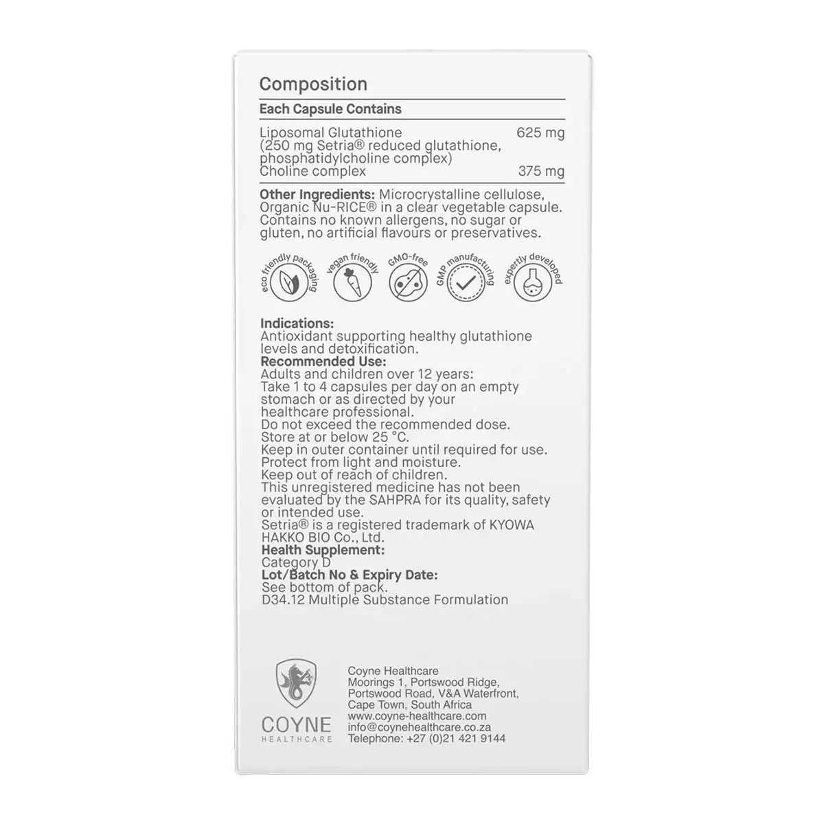Biomax Glutathione Liposomal 625mg 30 Caps product information and composition details on the packaging.