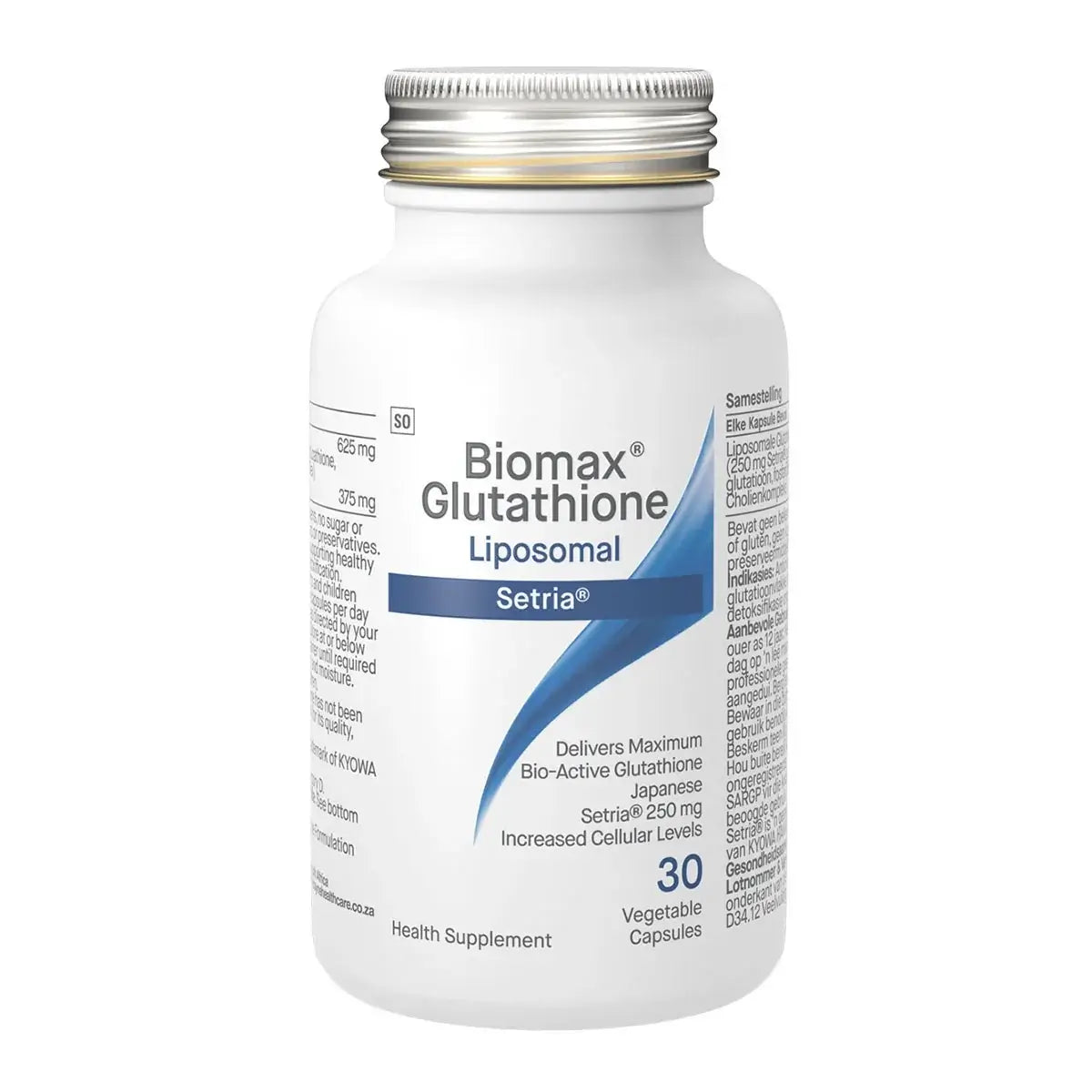 Biomax Glutathione Liposomal 625mg 30 Caps packaging in a white bottle with a silver lid.