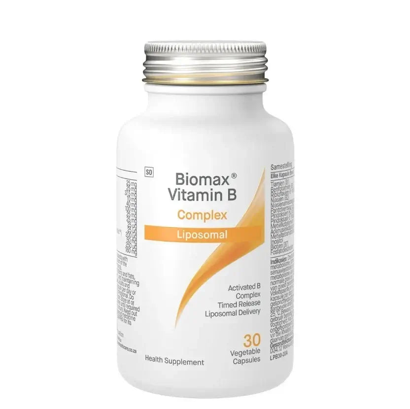 Biomax Activated Vitamin B Complex Liposomal 30 Caps bottle with label, includes 30 vegetable capsules for energy and wellbeing.