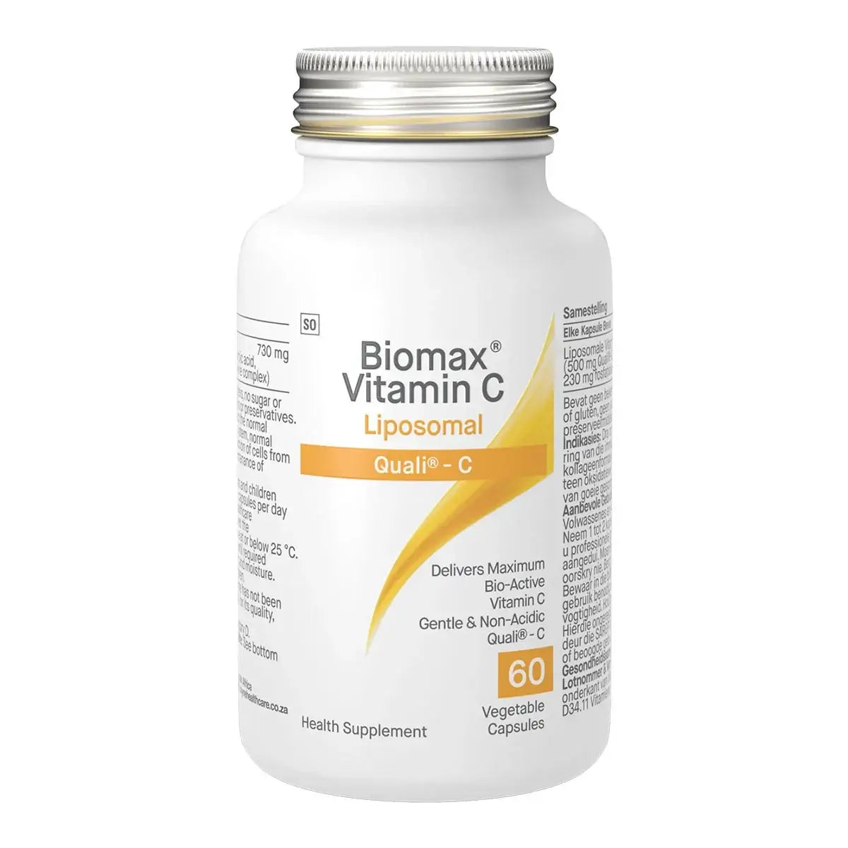 Biomax-Vit C Liposomal 730mg 30 Caps in a white container with a silver cap and ingredient details.