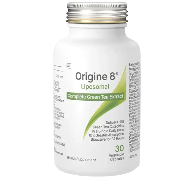 Origine 8 Liposomal Green Tea 30 Caps bottle with green tea extract and vegetable capsules, supports energy and vitality.