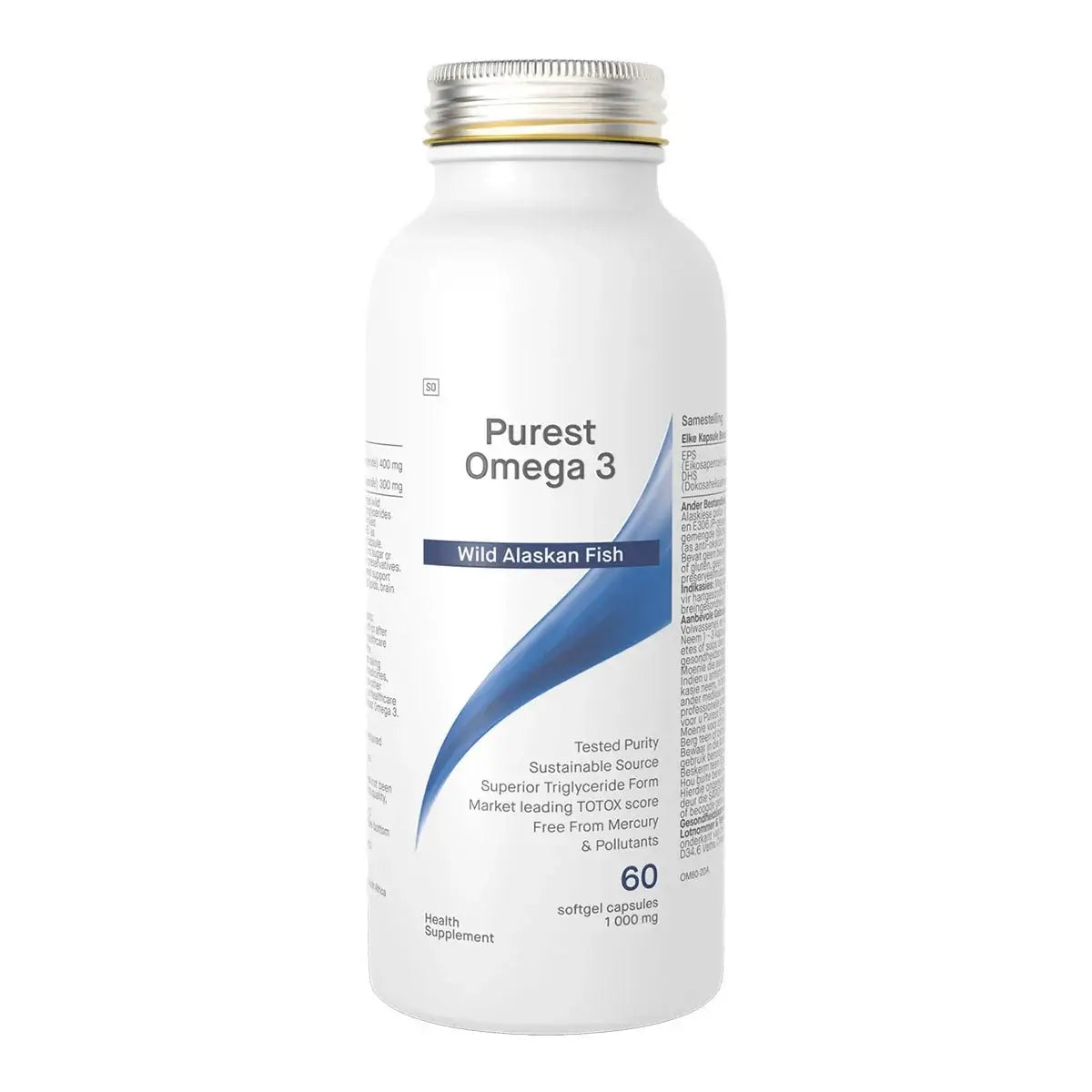 Purest Omega 3 Wild Alaskan Fish 1000mg 60 Caps bottle with soft gel caps for heart and brain health.