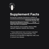 Supplement facts for SRW Laboratories ENERGY+ Advanced Mitochondria Formula 60 Caps, featuring mitoquinol.