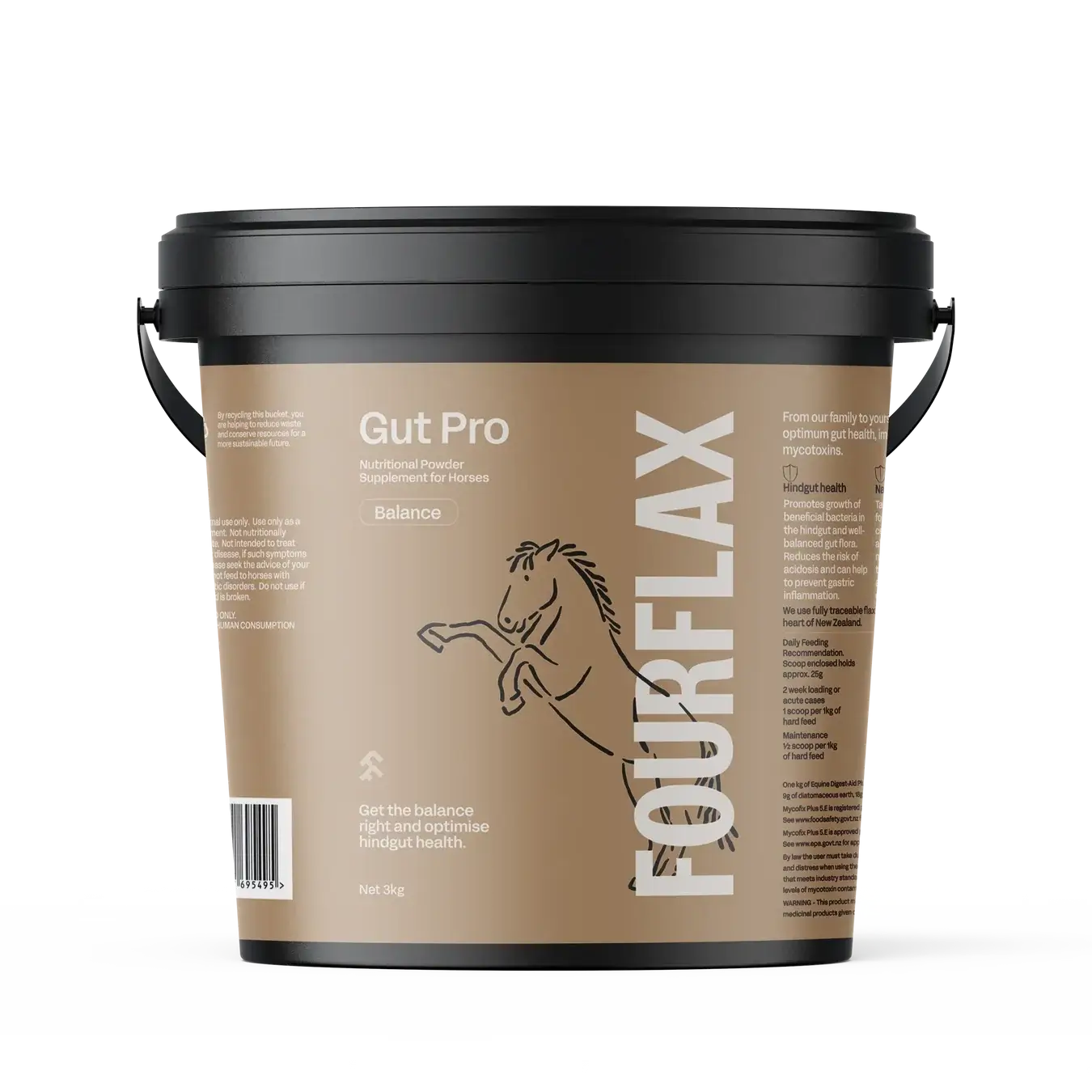 FourFlax Gut Pro supplement container for horses on a white background