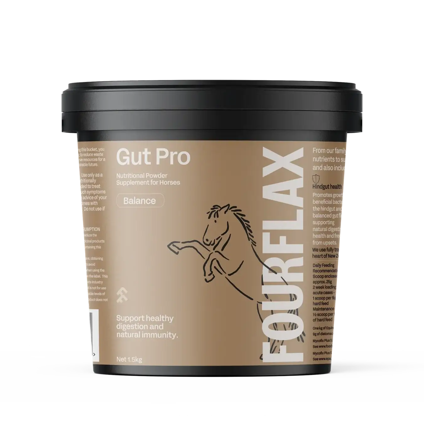 FourFlax Gut Pro supplement container for horses on a white background