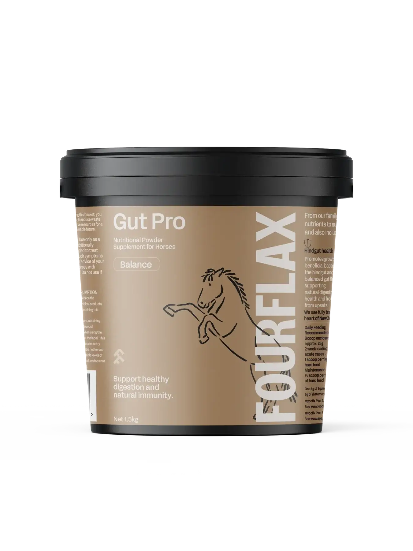 FourFlax Gut Pro supplement container for horses on a white background