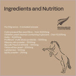 Ingredients and nutrition label for a horse supplement on a brown background with a horse illustration.