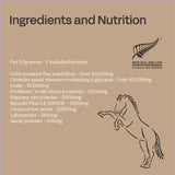 Ingredients and nutrition label for a horse supplement on a brown background with a horse illustration.
