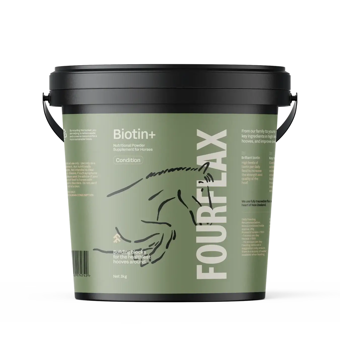Fourflax Biotin+ supplement container for horses on a white background
