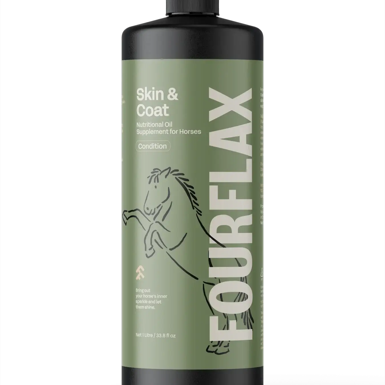 FourFlax Skin & Coat supplement bottle for horses on a white background