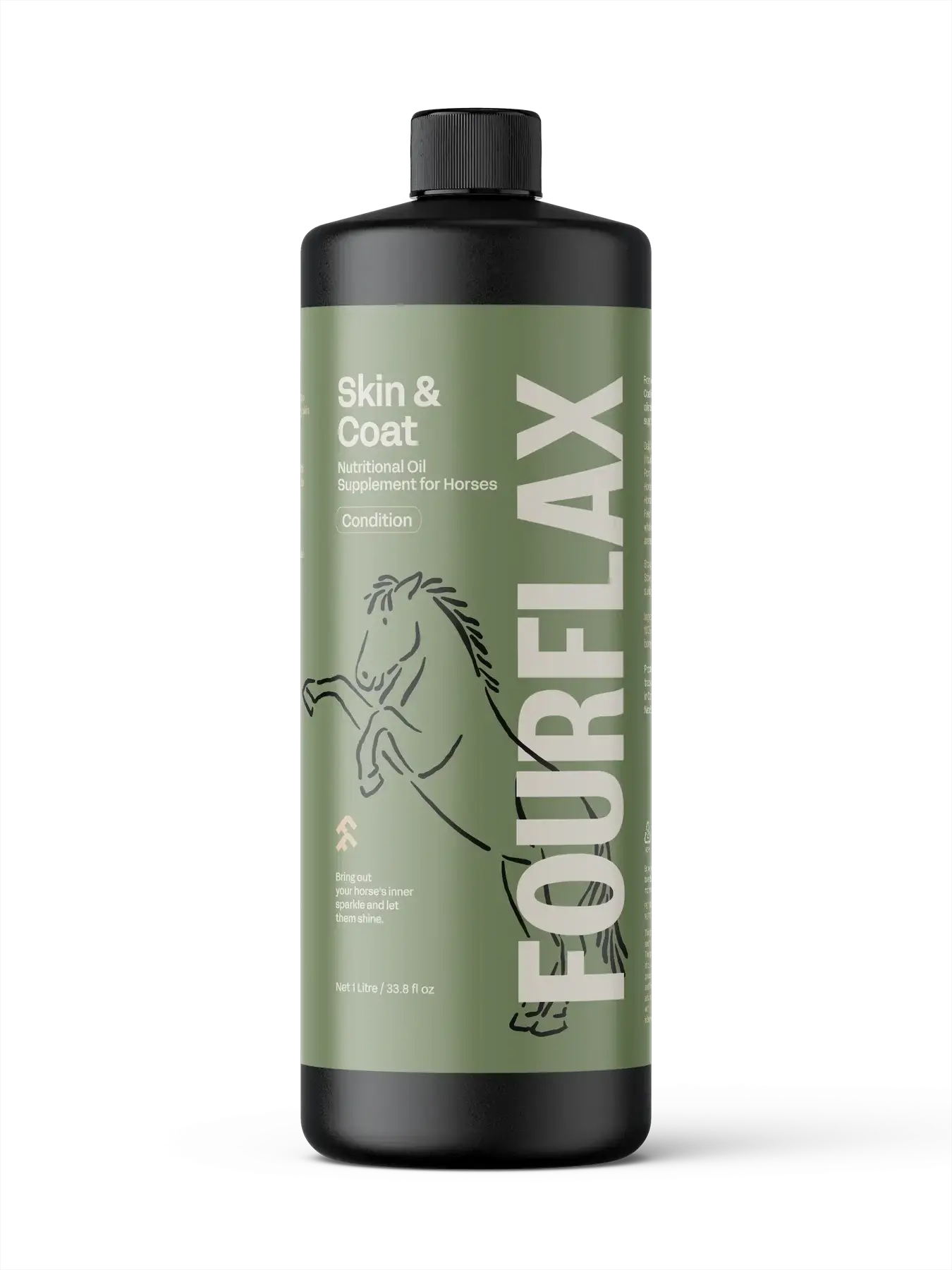 FourFlax Skin & Coat supplement bottle for horses on a white background