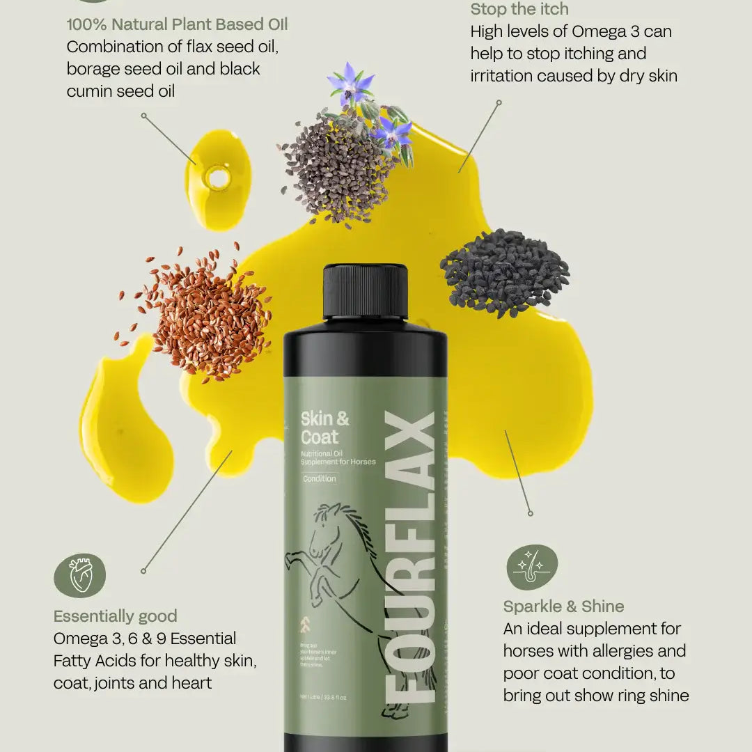 Fourflax skin and coat supplement bottle with natural ingredients and benefits on a light gray background