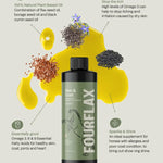 Fourflax skin and coat supplement bottle with natural ingredients and benefits on a light gray background