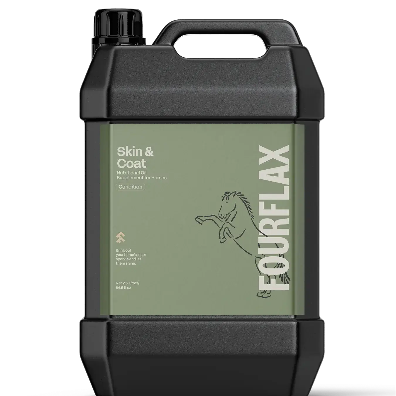 Fourflax Equine Skin & Coat Oil 2.5L bottle for horse skin and coat health.