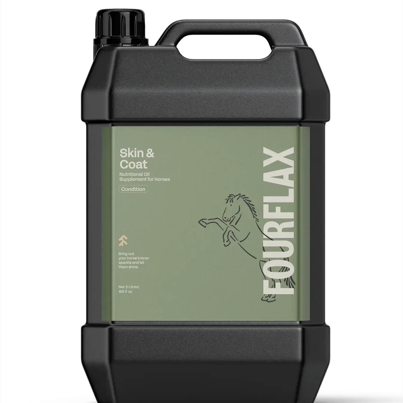 Fourflax Equine Skin & Coat Oil 2.5L bottle for horse skin and coat health, featuring natural oils for optimal nutrition.