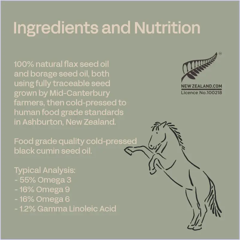 Ingredients and nutrition label with a horse illustration on a green background