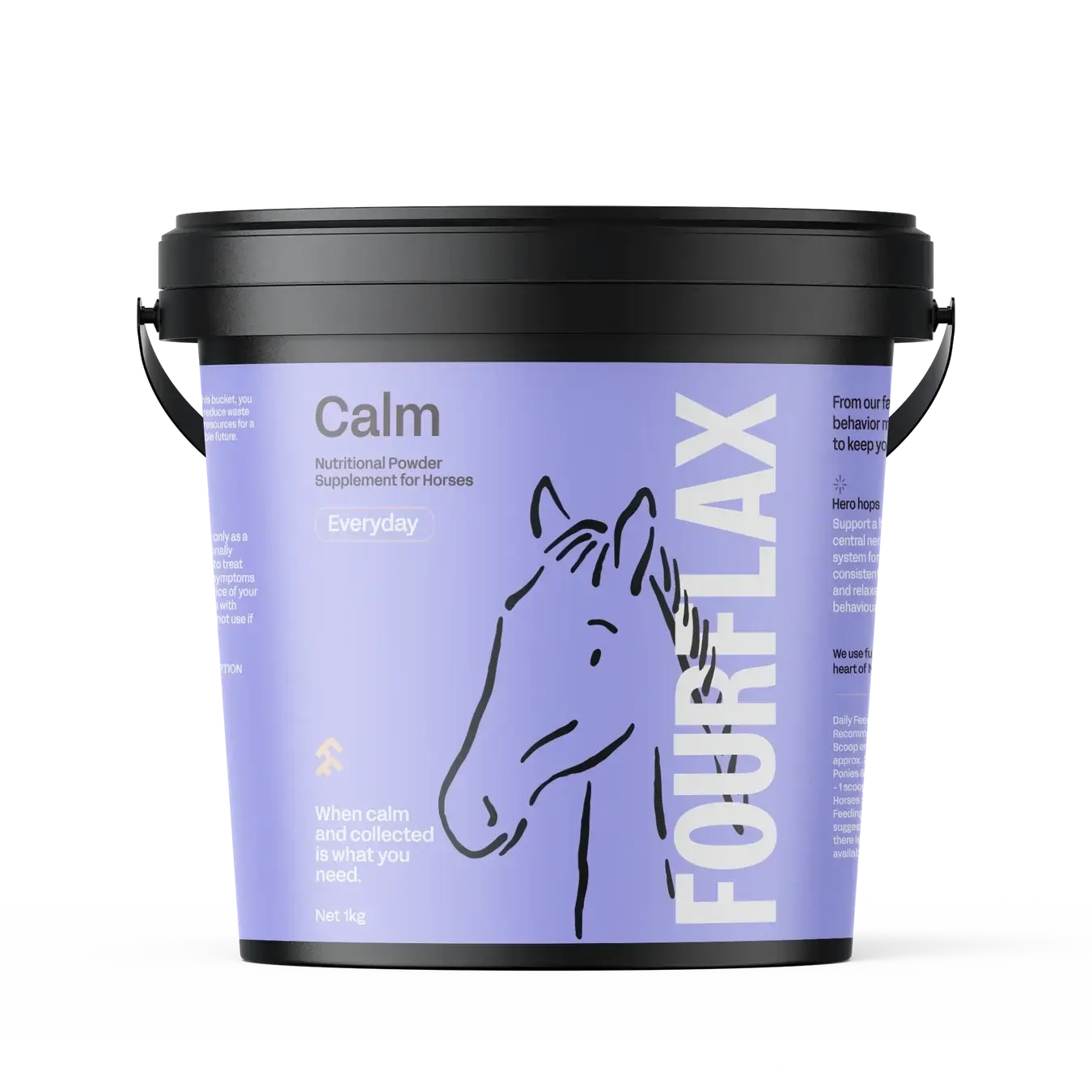 Fourflax Calm supplement for horses in a purple container with black lid on a white background