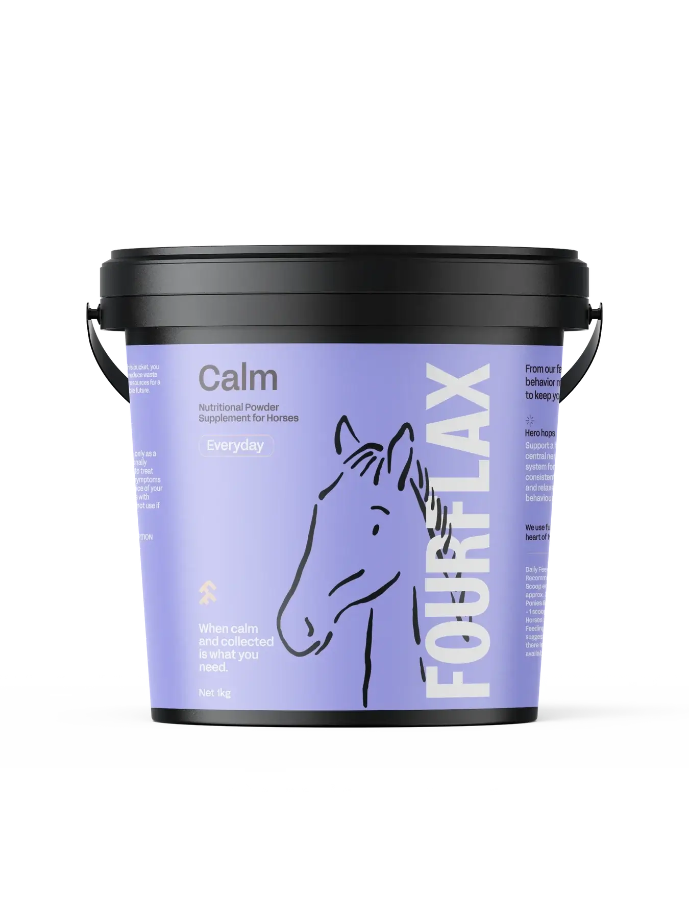 Fourflax Calm supplement for horses in a purple container with black lid on a white background