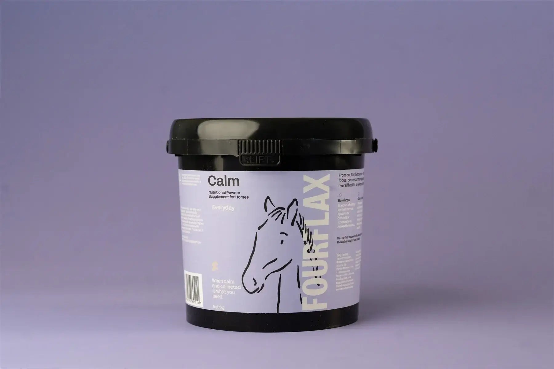 Container labeled 'Calm' with a horse illustration on a purple background