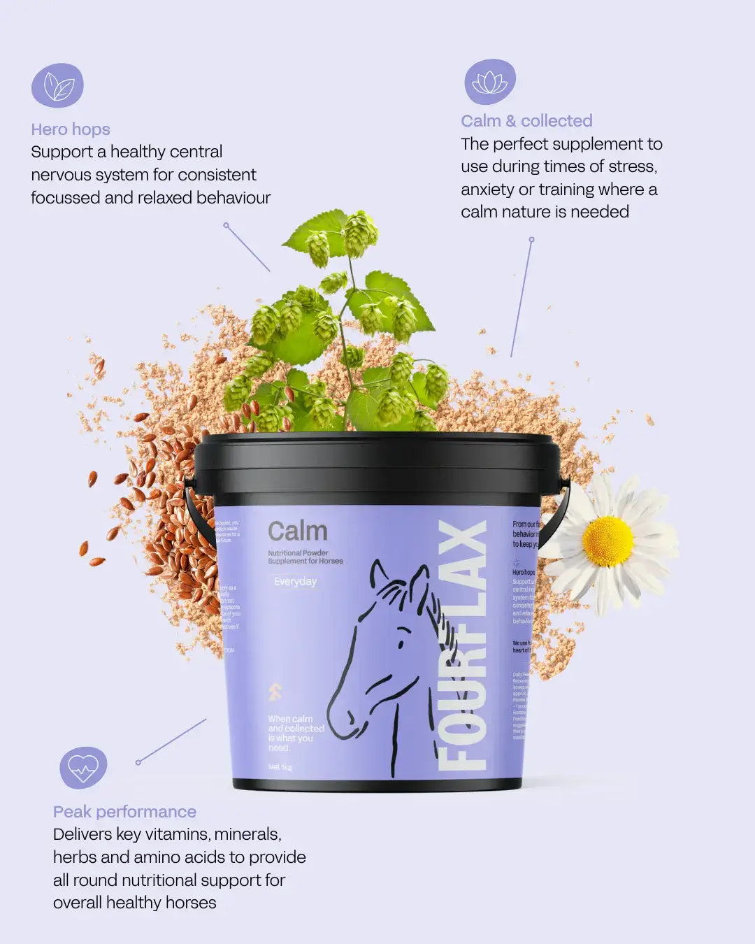 Fourflax calm supplement for horses with a purple label on a light purple background