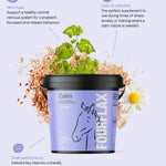 Fourflax calm supplement for horses with a purple label on a light purple background