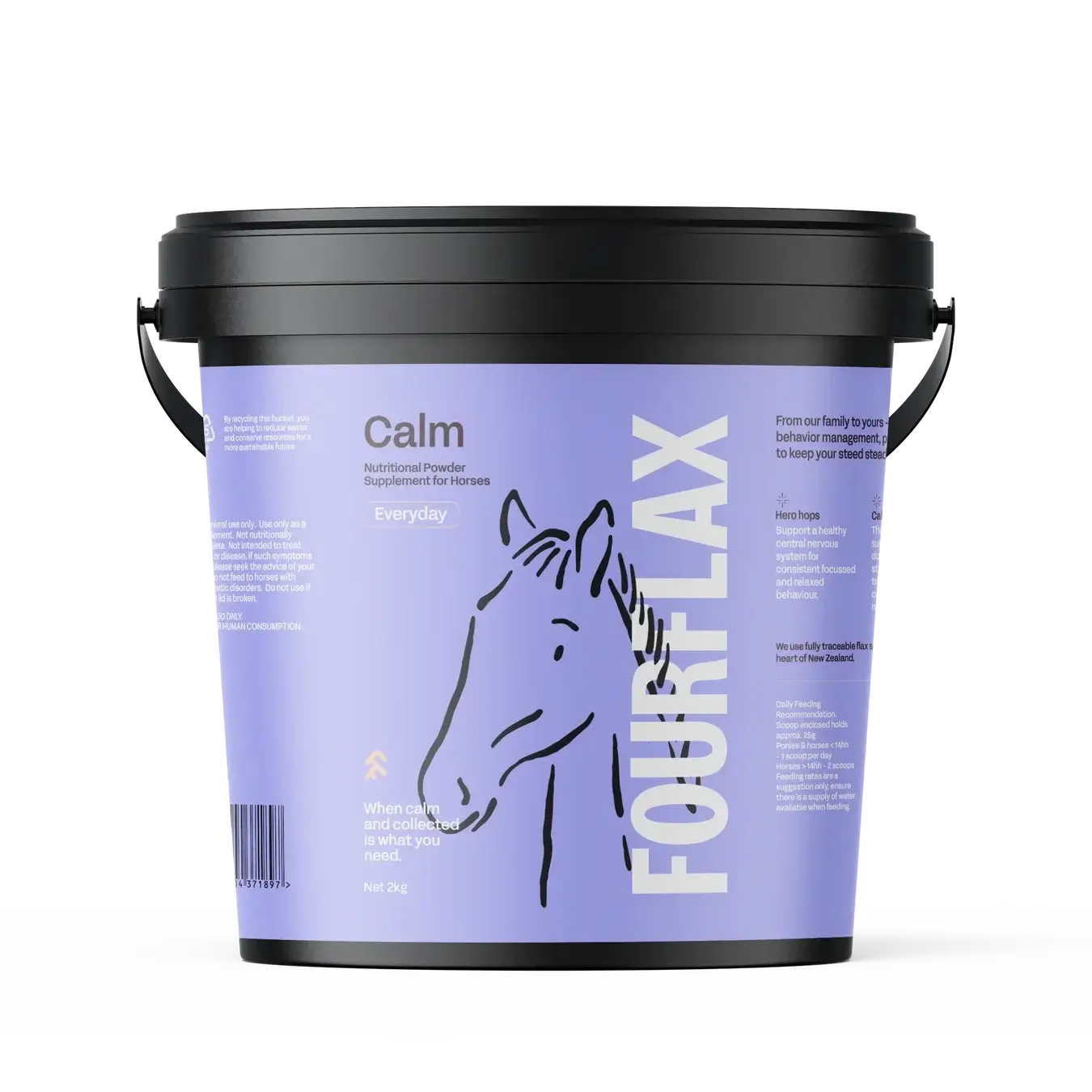 Bucket labeled 'Fourflax' with a horse illustration on a white background