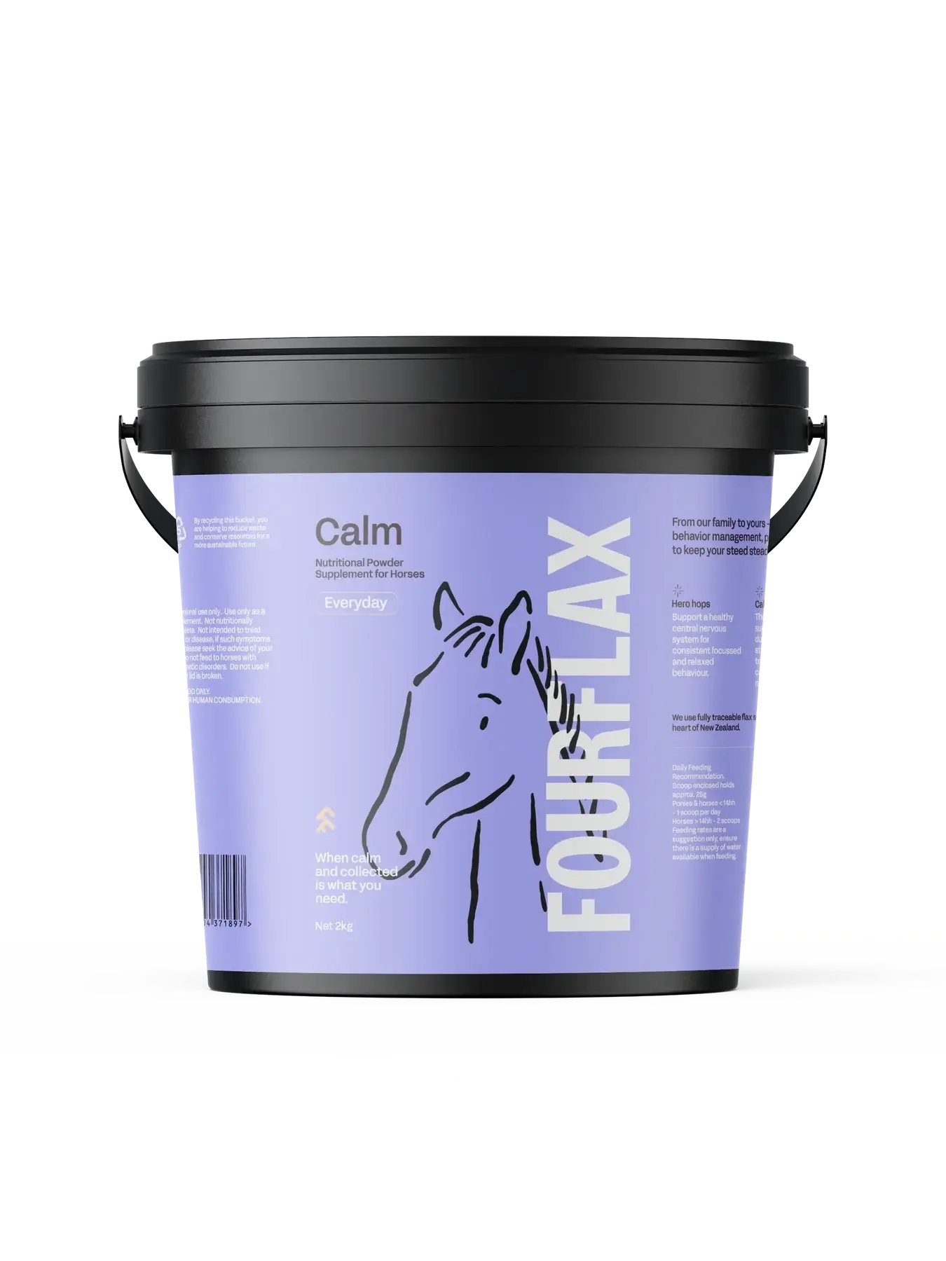 Bucket labeled 'Fourflax' with a horse illustration on a white background