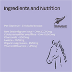 Ingredients and nutrition label for a product with a horse illustration on a purple background.