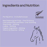 Ingredients and nutrition label for a product with a horse illustration on a purple background.