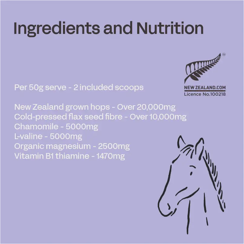 Ingredients and nutrition label for a product with a horse illustration on a purple background.