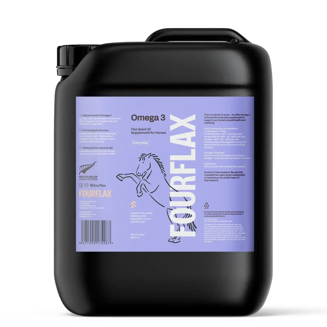 Black container with a purple label featuring a horse and text on a white background