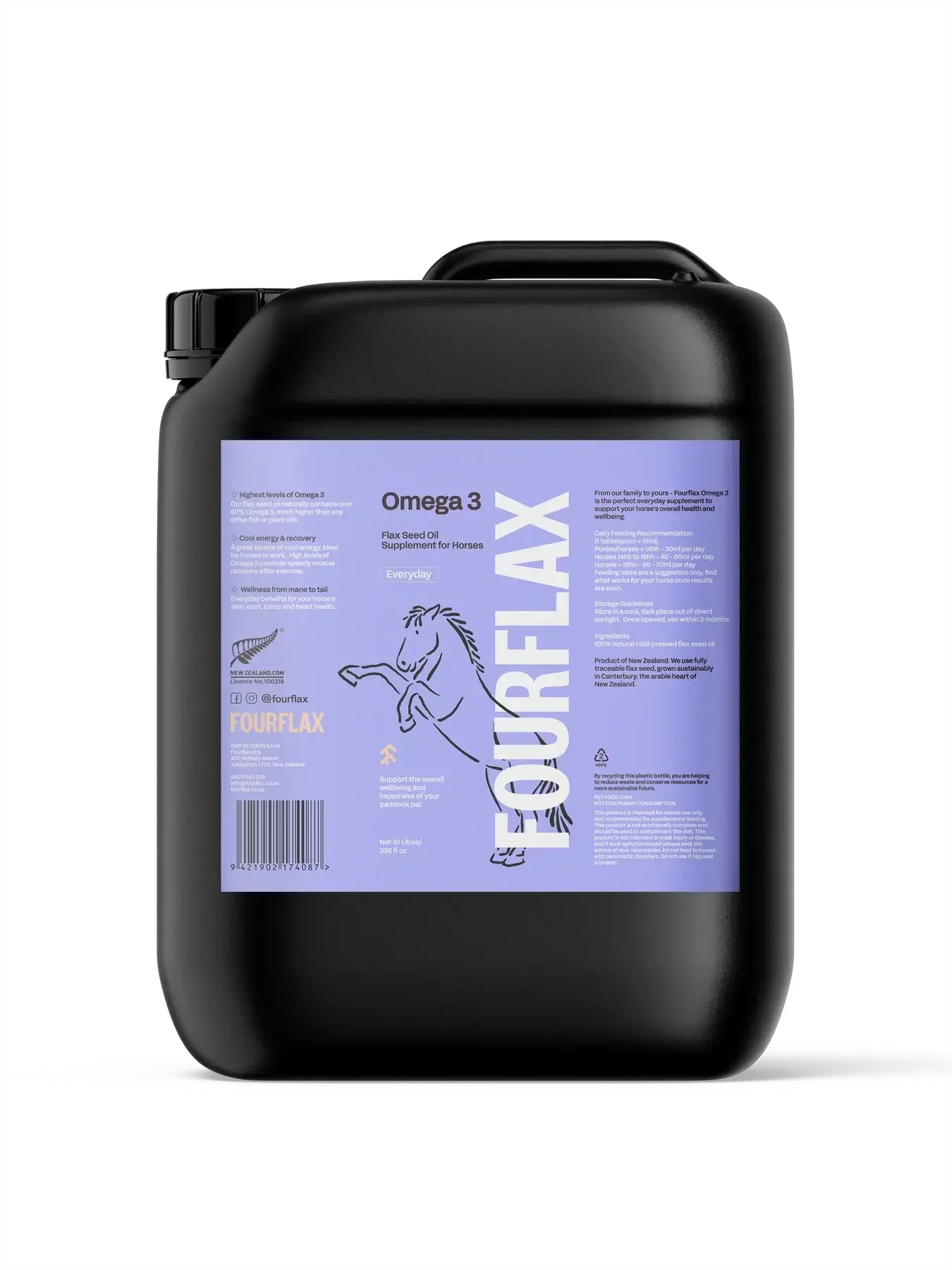 Black container with a purple label featuring a horse and text on a white background
