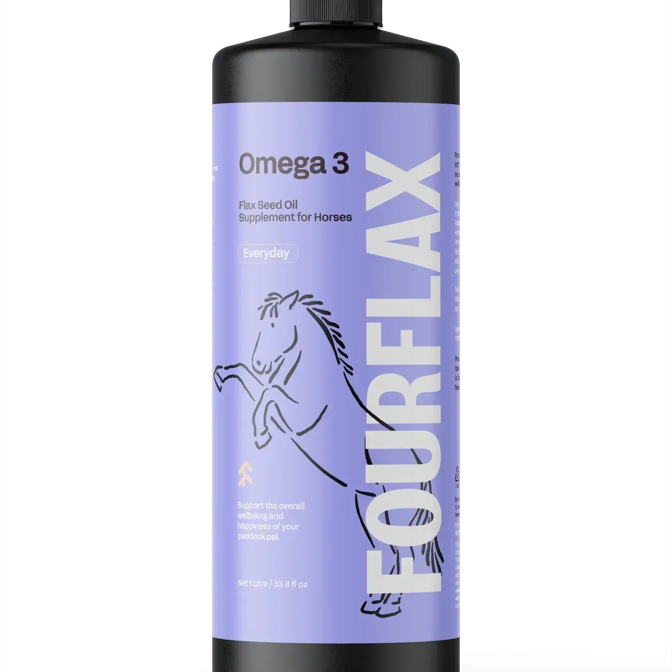 FourFlax Omega 3 supplement bottle for horses on a white background