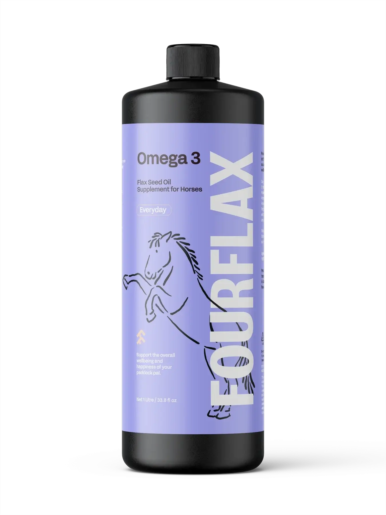 FourFlax Omega 3 supplement bottle for horses on a white background