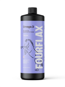 FourFlax Omega 3 supplement bottle for horses on a white background