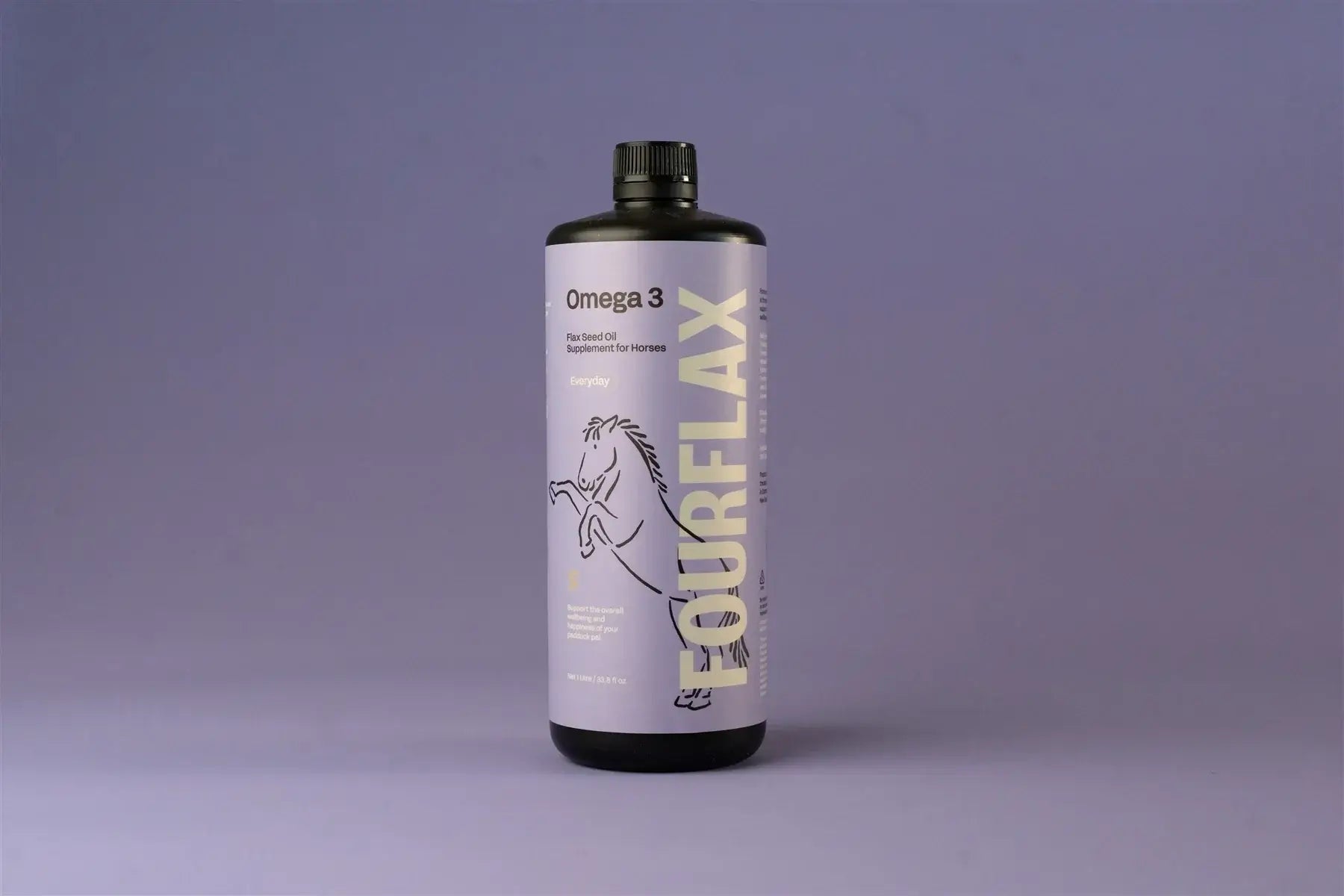 Fourflax Omega 3 supplement bottle on a purple background