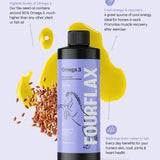 FourFlax Omega 3 supplement bottle for horses with text about benefits on a light purple background.