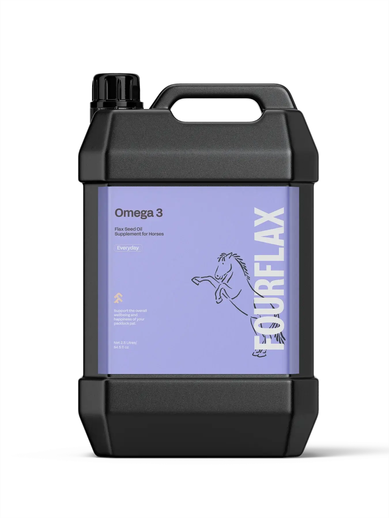FourFlax Omega 3 supplement container for horses on a white background