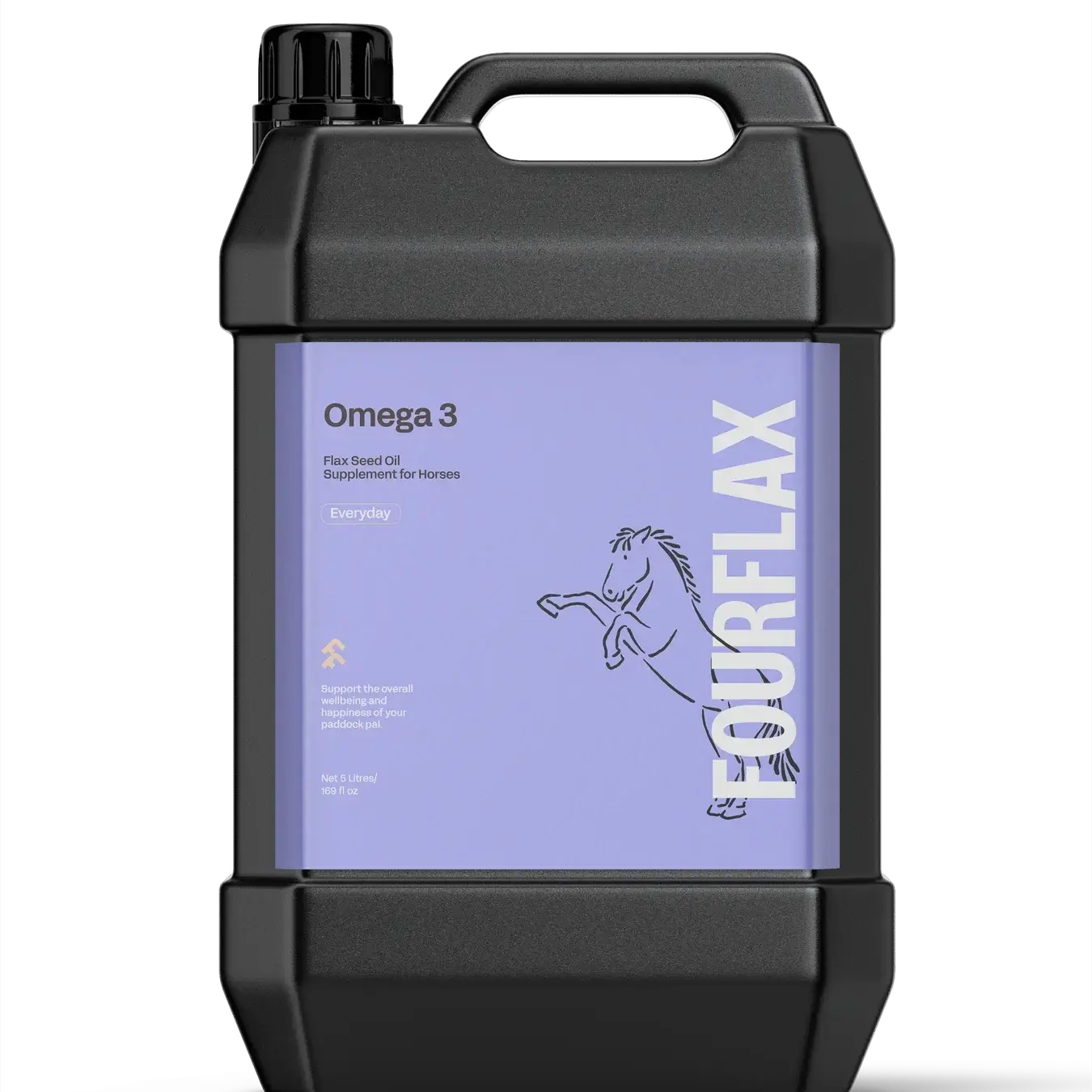 FourFlax Omega 3 supplement container for horses on a white background
