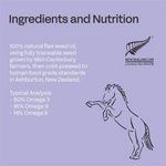 Ingredients and nutrition information for a product with a horse illustration on a purple background.