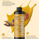FourFlax Bone & Joint supplement bottle with flax seeds and leaves on a beige background