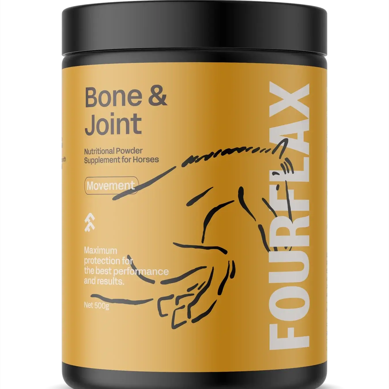 Fourflax Bone & Joint supplement container for horses on a white background